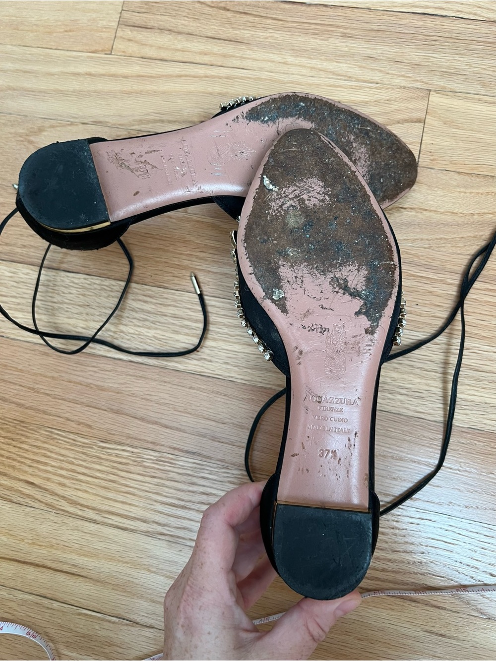 Aquazzura Black Crystal Embellished Pointed Lace-Up Flats 37.5 US 7,5 used - Picture 4 of 5